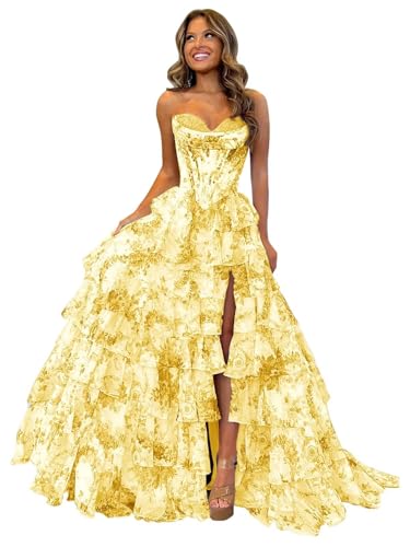 Ballkleid Aus TüLl Mit Blumenmuster Langem Schlitz Korsett Gestuftes Abendkleid TräGerloses Abendkleid Mit Herzausschnitt Und Taschen Yellow 4XL