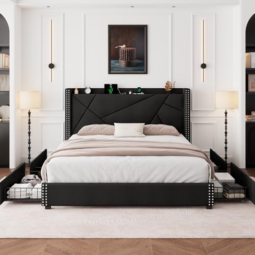 Feonase Upholstered Storage Bed Frame King Size with 4 Drawers, Platform Bed with Charging Station & Wingback Headboard, Solid Wood Slats Support, Black
