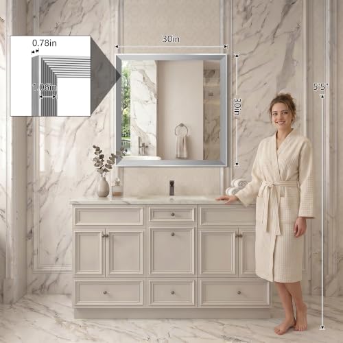 Image of DESBING 30 inchx30 inch Silver Bathroom Mirrors for Over Sink, Tempered Glass, Metal Frame, Rectangle Vanity Wall Mirror for Bathroom, Living Room, Bedroom, Horizontally or Vertically