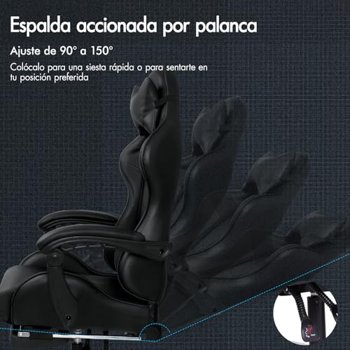 Miniatura 4 de Alfordson Silla Para Videojuegos, Silla De Escritorio De Oficina Ergonómica, Silla De Carreras Con Masaje, Reposapiés Retráctil, Altura Ajustable Y Reclinable, Capacidad De 180kg, Cuero De Pu, Negro