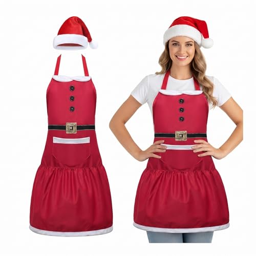 Image of Geyoga Winter Apron with Pockets and Hat Snowman Gingerbread Man Santa Elf Aprons for Kitchen Cooking Baking Accessories(Santa)