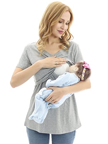 Bearsland Womens 3 Packs V Neck Nursing Tops Maternity Breastfeeding Tee Shirts,Dpgreen+Ltgray+Newpinkf,M #TOP7