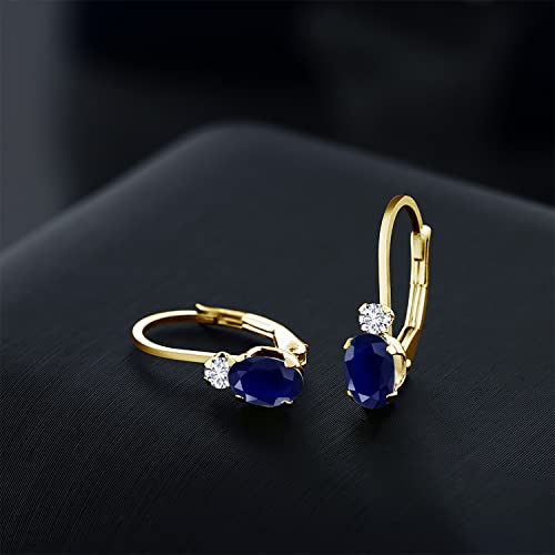 Gem Stone King 14K Yellow Gold Blue Sapphire and White Diamond Leverback Earrings For Women | 1.17 Cttw | Gemstone September Birthstone | Oval 6X4MM, Round 2MM | 3/4 Inch4