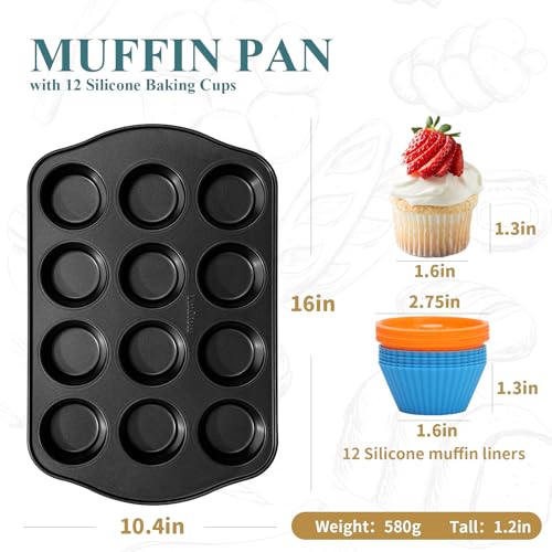 Image of Nonstick Muffin Pan with 12 Silicone Baking Cups, Carbon Steel Muffin Tin for Muffins, Cupcakes, Egg Bites and more, Non Toxic, Easy to Clean, Dishwasher Safe, Foggy Gray