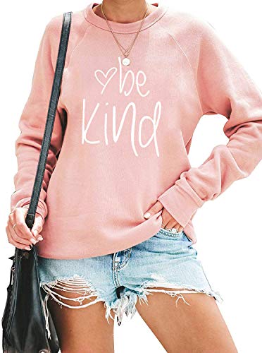 Kancystore Womens Crewneck Long Sleeve Sweatshirts Be Kind Casual Loose Pullover Tops Shirts Pink S
