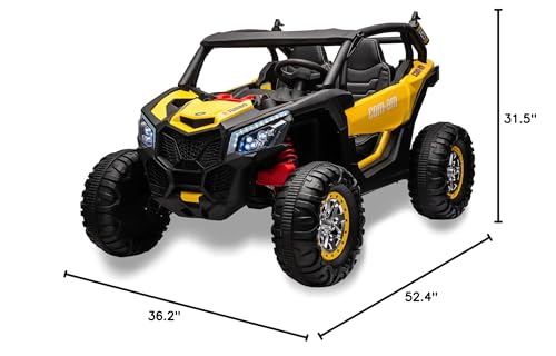 Hetoy 24V 2 Seater Kids Ride on UTV Car w/Remote Control, 4WD Powerful Electric Vehicle with 4x75W Motors, 4 Shock Absorbers, Leather Seats, Music and Lights, Electric Car for Kids, Bright-Yellow - Thumbnail 2