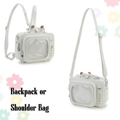 Image of Novelty Women TV Shape Ita Bag Retro Television Shoulder Bag Design Ita Backpack with Inserts Unique female Clear Windows Anime Display for Pins Display(White)