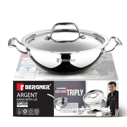 BERGNER Argent Triply 26cm Kadai with Stainless Steel Lid, 3.5 Liters Kadhai, Even and Faster Heating, Consumes Less Oil...