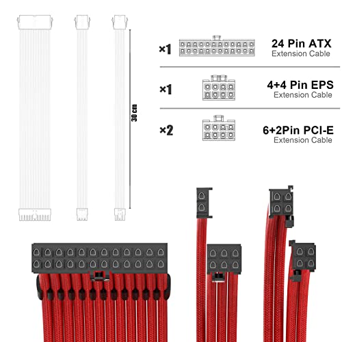 Image of PSU Extension Kit With Two Sets of Combs 1x24Pin /1x8Pin(4+4) EPS /2x8Pin(6P+2P) PCI-E / 30CM Length, PC Sleeved Cable for ATX Power Supply (Red)