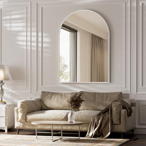 Image of BEAUTYPEAK 30 inchx40 inch Arch Bathroom Mirror, Wall Mounted Vanity Metal Frame Mirror for Bedroom, Entryway, Living Room, Silver