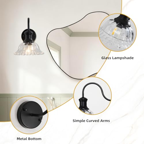 Image of Bathroom Vanity Lights 2 Pack, Black Wall Sconce with Pressed Patterned Glass Lampshade, Farmhouse Wall Light Fixtures for Bathroom, Bedroom, Living Room, Entryway