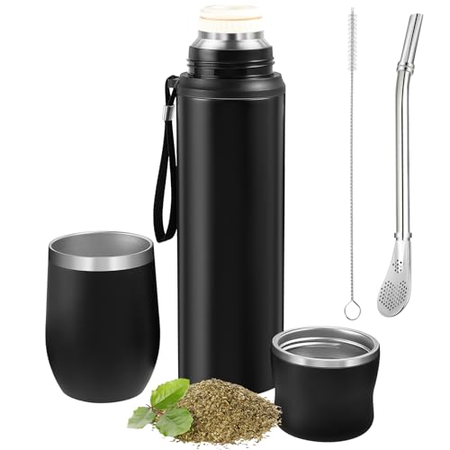 Dandat 2 Pieces Yerba Mate Cup and Vacuum Bottle Set Yerba Mate Kit 12 oz Yerba Mate Gourd Mate Cup and Bombilla Set for Travel, Turn the Cup Upside Down to Pour out All the Water(Black)