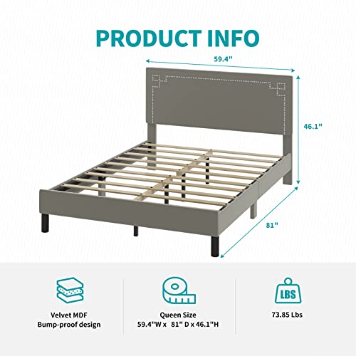 Balus Queen Bed Frame, Platform Bed Frame Upholstered Velvet Backrest, Adjustable Tufting Headboard Bed Frame With Solid Wood Slats Easy Assembly, Light Grey #TOP5