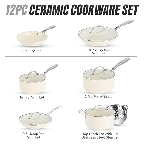 Gotham Steel 12 Pc Ceramic Cookware Set Nonstick, Ceramic Pots and Pans Set Non Stick with Steamer for Cooking, Non Toxic PFOA PFOS Free, Premium Stay Cool Handles, Oven & Dishwasher Safe