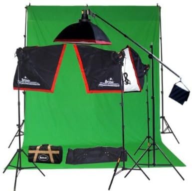 Britek#FK3800AIO Professional Photography Fluorescent Lighting Kit with Boom Stand+4 Cool Light Holder+4 Fluorescent Lamp+4 Softbox+3Compact Light Stand+1 Studio Boom stand+1 Crossbar Background Support+2 Carrying Bag+1 Green muslin Screen 9'x15