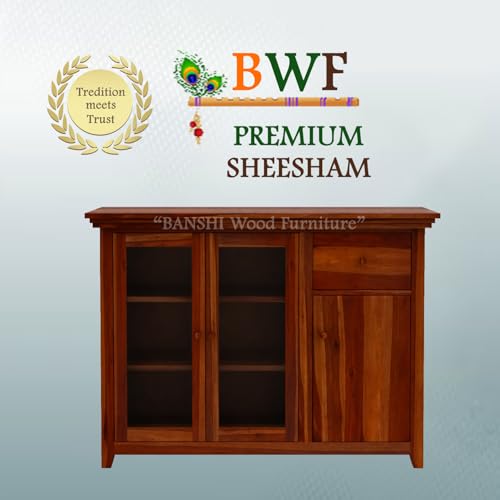 Image of BWF Premium Sheesham Shining Glass Door Storage Cabinet for Home, School, Office, Shop, Medical Clinic and Garage | Best Choice of Kitchen Crockery Storage | Wooden Chest |
