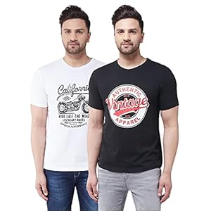 GRITSTONES Men’s Regular Fit Cotton Blend Printed Round Neck Half Sleeves Casual T-Shirt Combo Pack of 2