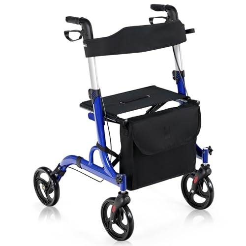 COSTWAY Deambulatore con Seduta 2 in 1, Rollator Pieghevole, Deambulatore per Anziani con 4 Ruote, Maniglie Regolabili Freni, con Doppia Funzione Schienale Reversibile e Borsa Portaoggetti (Blu)