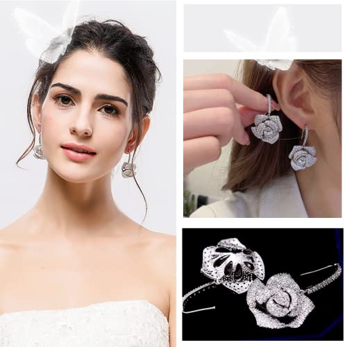 Huggie Cz Flower Dangle Stud Earrings For Women Girls With Charms Fashion Luxury Pave Rhinestone Filigree Camellia Rose Dainty Crystal Drop Dangling Wedding Prom Jewelry Dainty Gifts Valentine Mother's Day (Clear) #TOP3