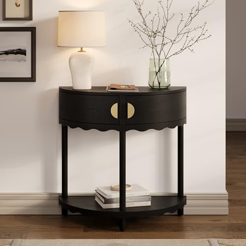 Stead Scalloped Skirt Half Moon Console Table - Space-Saving Entryway Table for Narrow Hallways - Slim Entryway Console with Two Doors & Shelf - Blackened Oak with Brass Pulls