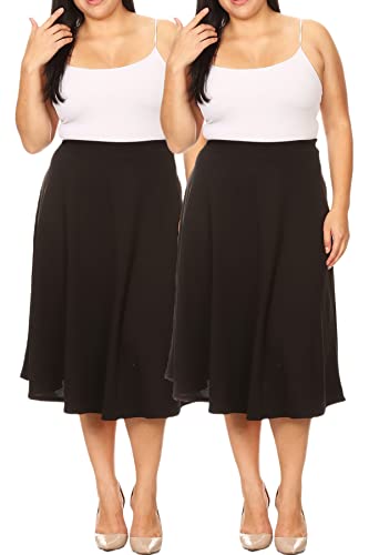FashionStream Women's Plus Size A-Line Casual Flared Elastic Band Solid Midi Skirt Pack of 2