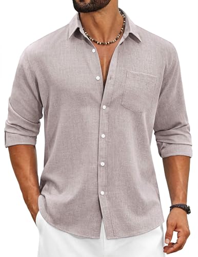 COOFANDY Men's Cotton Linen Button Down Shirts Long Sleeve Casual Summer Beach Shirts for Men Champagne