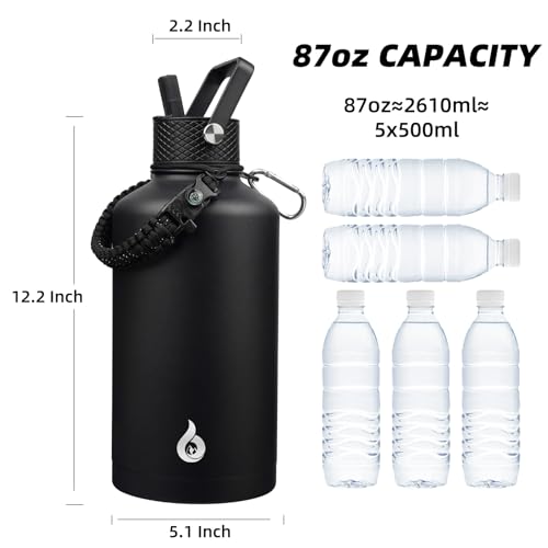 Image of BJPKPK 2 /3 Gallon Water Bottle with Straw Lid, 87oz Large, Stainless Steel Water Bottles with 3 Lids and Paracord Strap, Double Wall Vacuum Metal Jug, Black