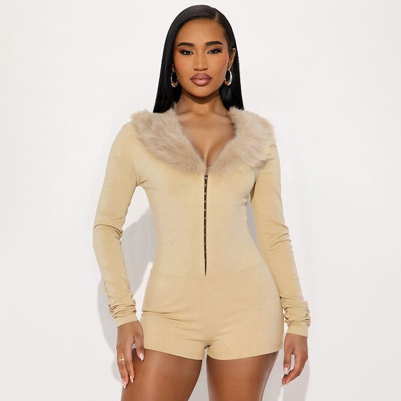 Womens Sexy Faux Fur Romper Deep V Neck Buckle Long Sleeve Shorts Jumpsuit Y2K Bodycon Club Outfit Going Out - Image 5