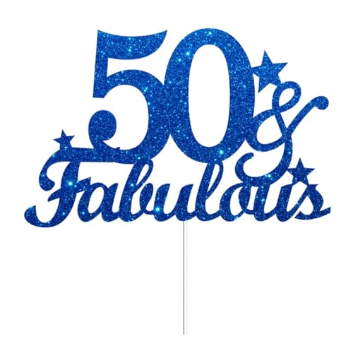 50 & Fabulous Cake Toppers Blue Glitter, Happy 50th Birthday Cake Topper Cheers to 50 Years Old Bday Decoration, Fifty and Fabulous Cake Decorations for 50 Birthday Anniversary Party