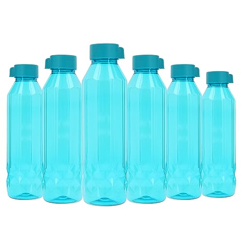 Plastic Water Bottles 6 Pack 900ml Juice Bottles Reusable Smoothie Drink Bottles W/Lids Fridge Door Storage Beverage Table Water Serving Bottles Screw Cap Outdoor Sports Gym Transparent (Blue-Diamond)