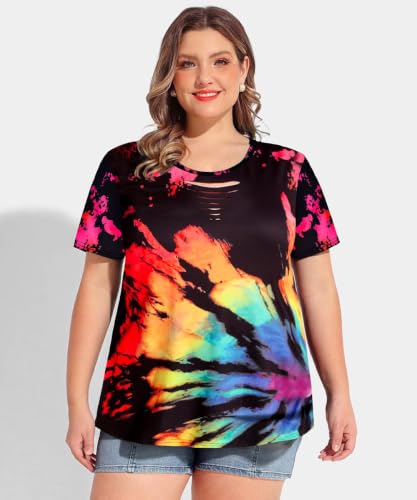 Image of CARCOS Plus Size Tops for Women Short Sleeve Shirts Basic Tee Solid Color Blouse V Neck Tunic Loose Fit Tshirts Summer XL-5XL