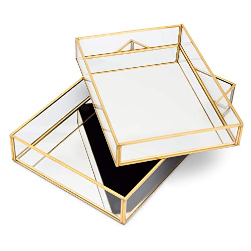 Lumturi 2 Pcs Gold Mirror Tray Decorative, Gold Vanity Tray, Gold Perfume Tray, Dresser Tray, Decorative Jewelry Tray, Perfume Organizer, Makeup Tray for Vanity, Bedroom, Dresser