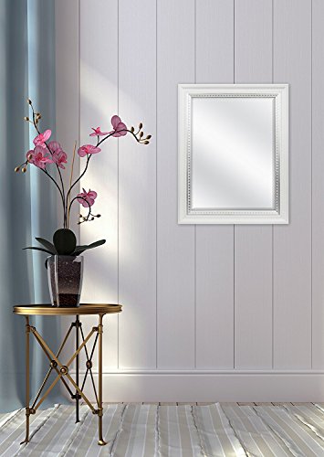 Image of MCS 23x29 Large Wall Mirror, White Woodgrained Frame with Silver Embossed Detail & Beveled Detail Mirror, Vertical & Horizontal Wall Hanging Mirror for Bathroom, Bedroom & Livingroom