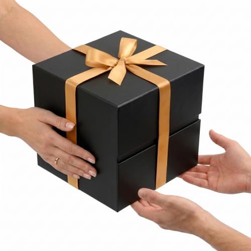 Image of LIFELUM Square Gift Box with Magnetic Lid, Card, Sticker, Ribbon, Shredded Paper Filler for Business, Wedding, Birthdays (Black, square - 8.6 inch, 1 count (Pack of 1))