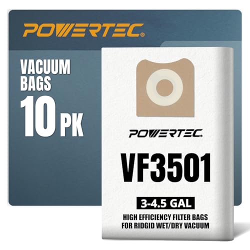 POWERTEC VF3501 Size C Shop Vacuum Bags for Ridgid 10 Pack, 3-4.5 Gal. 23738 Vacuum Bags for Ridgid 4000RV, WD40700 Wet Dry Vac (75017-P2V)