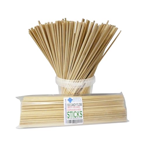 Baking Beauty and Beyond Cotton Candy Food Grade Square Birch Wood Sticks - Floss, Sturdy, Smooth, and Eco-Friendly Food Safe Wooden Skewers for Floss Making or Crafts, 100 Pieces, 11 Inch (275mm)