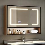 Pamapic Armario de Baño, Armario Baño con Espejo y Luz, Mueble de Pared con Antibruma & Indicador de Hora y Temperatura,3 Colores de Luz & Brillo Regulable, Muebles de Baño, 16 x 80 x 60 cm