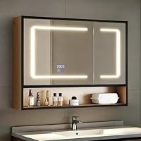Pamapic Spiegelschrank Bad mit Beleuchtung, Badezimmerschrank mit Entfogging & Zeit und Temperatur Anzeigen, Badezimmer Spiegelschrank mit 3 Farbtemperatur Dimmbare, Hängeschrank,16 x 80 x 60 cm