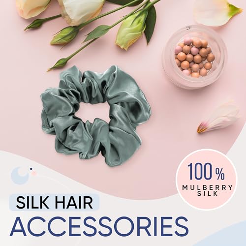Image of Blissy Silk Scrunchies (3 Pack) - 100% Pure Mulberry Silk - 22 Momme 6A High-Grade Fibers Scrunchie for Straight & Curly Hair (Matcha Skinny)
