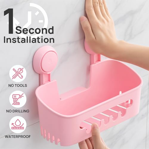 Image of LEVERLOC Shower Caddy Suction Cup Set Shower Organizer & Soap Holder & Toothbrush Holder, Bathroom Shelf Basket NO-Drilling, Removable Suction Storage Waterproof Bathroom Caddy, Pink