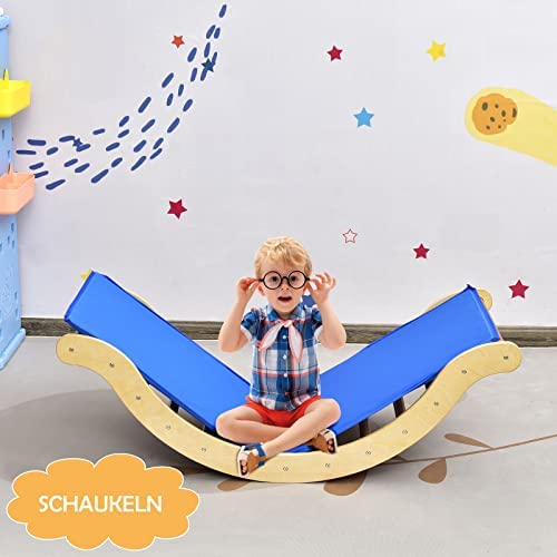Foto von COSTWAY Kletterbogen mit Rutsche, Kletterdreieck Holz, 3 in 1 Klettergerüste Indoor zum Rutschen, Klettern und Wippen, inkl. umkehrbare Rampe, für Kinder ab 1 Jahre (Natur)