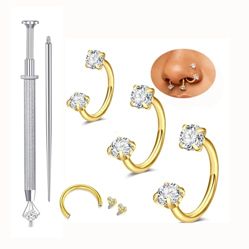 QWALIT 20g Horseshoe Nose Ring for Women Surgical Steel Double Stud Gem Horse Shoe Gold Nose Piercing Jewelry Half U Shape Nostril Hoop Forward Helix Daith Cartilage Piercing Jewelry 20gauge 6 7 8mm