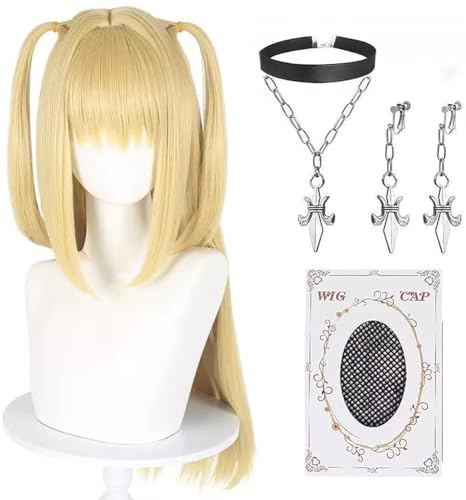 Aqnhec Misa Amane Cosplay Wig+Necklaces+Earrings Blonde Anime Wig Long Straight Wig with Cap for Halloween