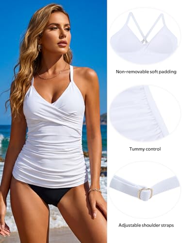 Image of RELELCIGA Women's Tankini Top V Neck Ruched Tummy Control Bathing Suit Top