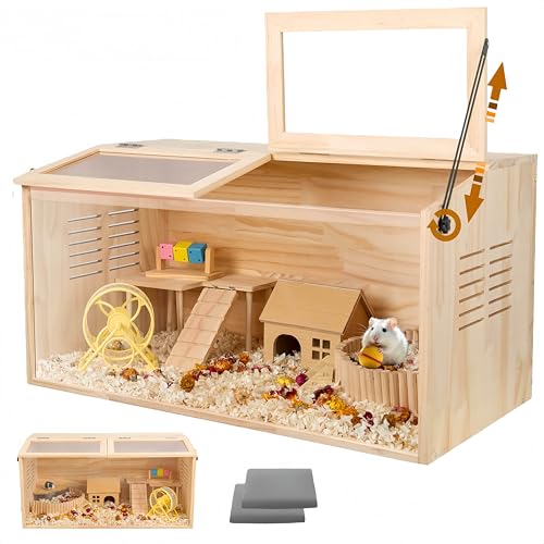 Wooden Hamster Cage,32" Lx16 Wx16 H,Animal Cabinet for Dwarf Syrian Hamsters Degus, Hamster Habitat with Openable Top and Large Acrylic Sheets, Natural Wooden Hamster Habitat with 2 Openable Door.