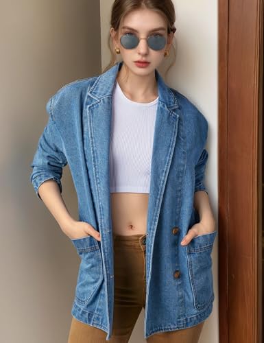 COZYPOIN Womens Long Denim Jacket Button Up Blazer Oversized Notched Lapel Casual Jean Shacket Coat4