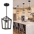 EDISHINE Pendant Lights for Kitchen Island, 1-Light Farmhouse Cage Hanging Light Fixtures, Rustic Wood with Brown Finish, Adjustable Height Pendant Light for Dining Room, Allway and Foyer