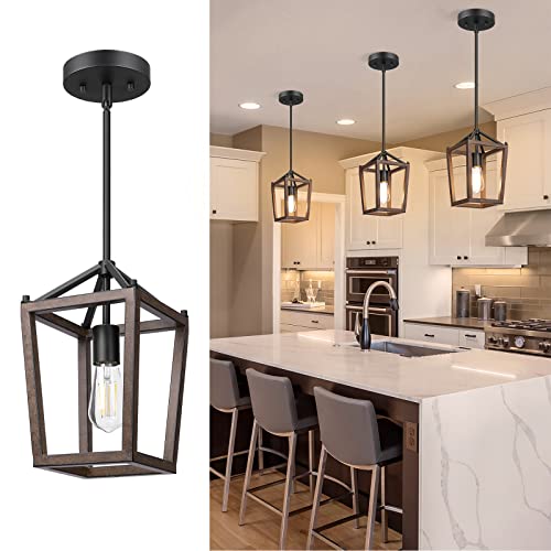 EDISHINE Pendant Lights for Kitchen Island, 1-Light Farmhouse Cage Hanging Light Fixtures, Rustic Wood with Brown Finish, Adjustable Height Pendant Light for Dining Room, Allway and Foyer