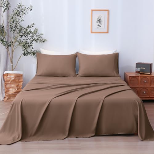 LONAVA Full Sheet Set 4 Pieces Ultra Soft & Breathable Microbifer Sheets 1600 Thread Count Hotel Luxury Oeko-Tex Bedding 14-16 Inch Deep Pocket Durable Wrinkle Free Bedsheets Brown