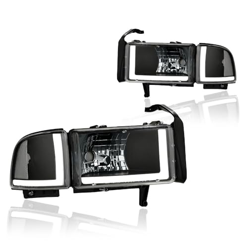 DimFlux LED DRL Headlight Assembly, Headlights Kit Compatible with 1994-2001 Dodge Ram 1500/1994-2002 Ram 2500 3500(DON'T Fit SPORT Models or Ram VAN Models) Headlamp Black Housing Clear Reflector